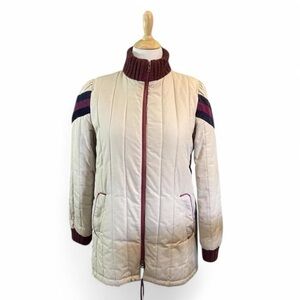 VTG 80s JCPenney Sz M Quilted Bomber Jacket Korea Cream Burgundy Stripe